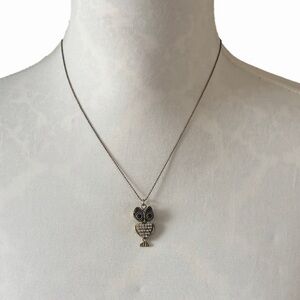 AERO 1987 Owl Pendant Necklace | Rhinestone + Black Stone | Bronze Tone